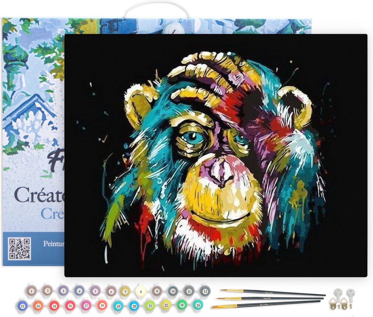 FiguredArt Schilderen op Nummer Volwassenen met lijst - Baviaan Pop-art - Handwerk acrylverf Kit DIY Compleet - 40x50cm Canvas al ingelijst